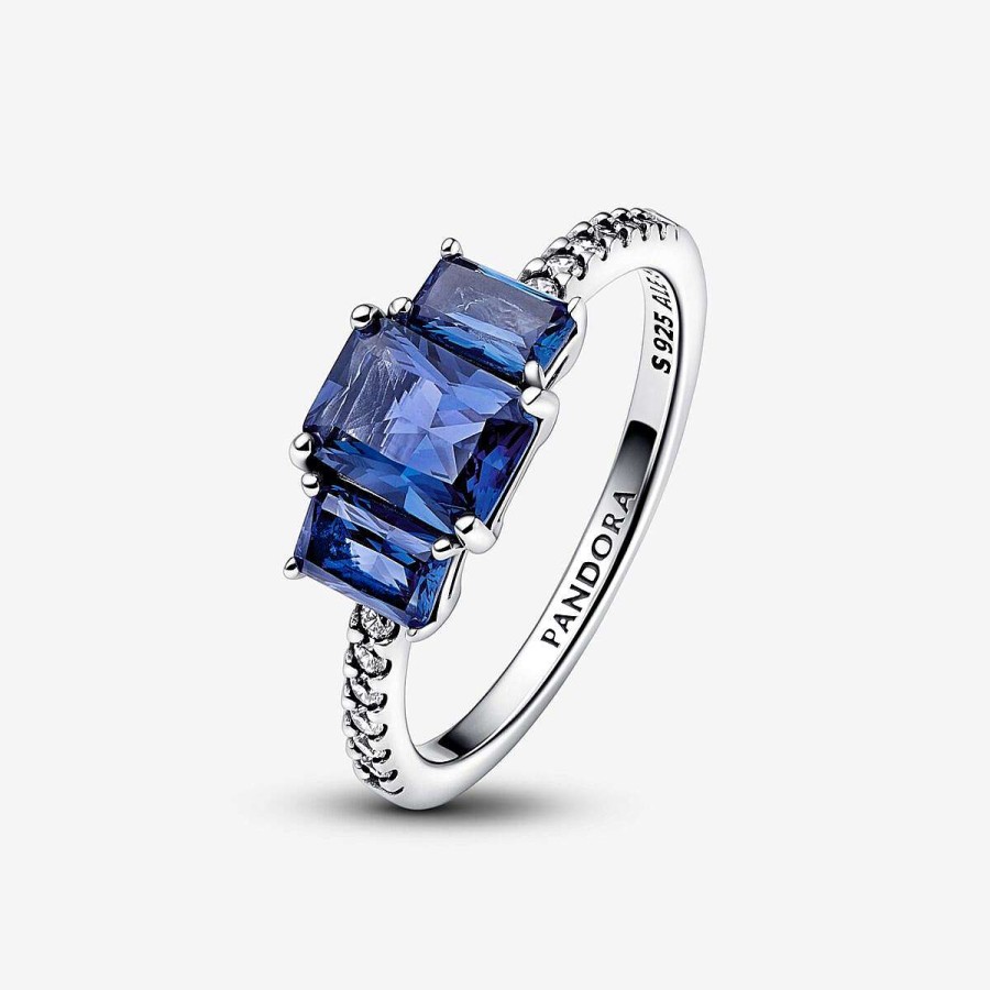 Pandora Anel Blue Rectangular Three Stone Sparkling Azul Online