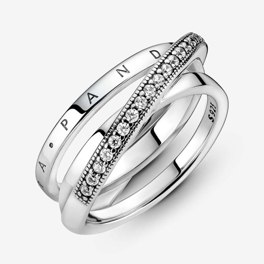 Pandora Anel Crossover Pav Triple Band Prata Clearance